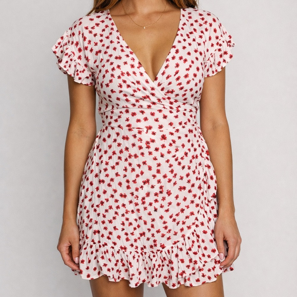 Floral Wrap Dress White Red Mini Ruffle Hem Size Small